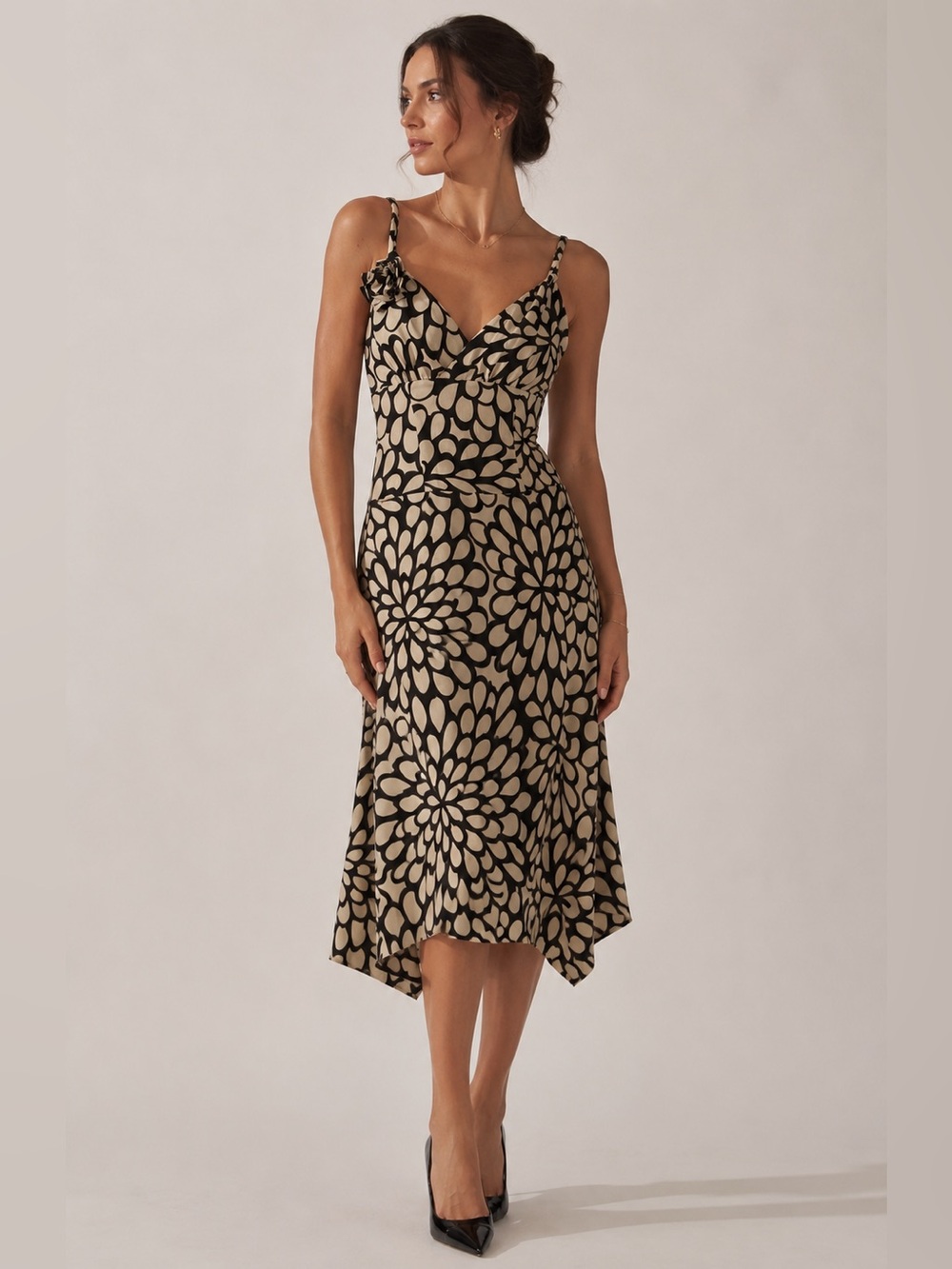 Sandra Angelozzi 100% silk black-and-white abstract floral fit-and-flare dress
